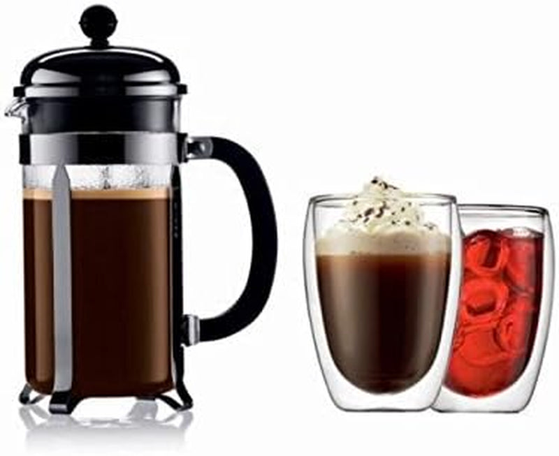 Bodum Caffettiera French Press Coffee Maker, 8 Cup, 1 Liter, 34oz with 2 Glass Mugs, 0.35 Liter, 12oz