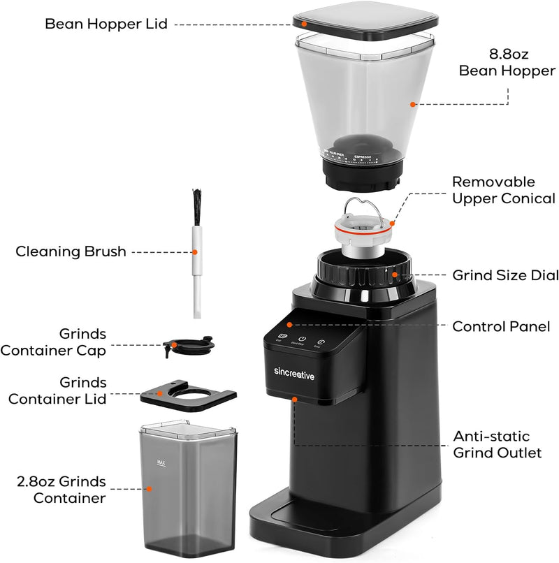 Sincreative Conical Burr Coffee Grinder, Anti-static Electric Coffee Bean Grinder with 48 Grind Settings, Large Touchscreen Automatic Espresso Grinder for Espresso, Drip Coffee and French Press