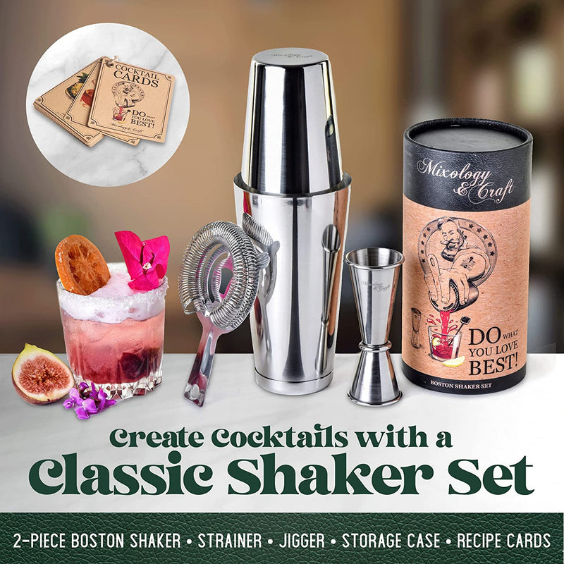 Mixology Cocktail Shaker Boston Shaker Set Professional Weighted Martini Shakers, Strainer and Japanese Jigger, Portable Bar Set for Drink Mixer Bartending, Exclusive Recipes Cards (Silver)