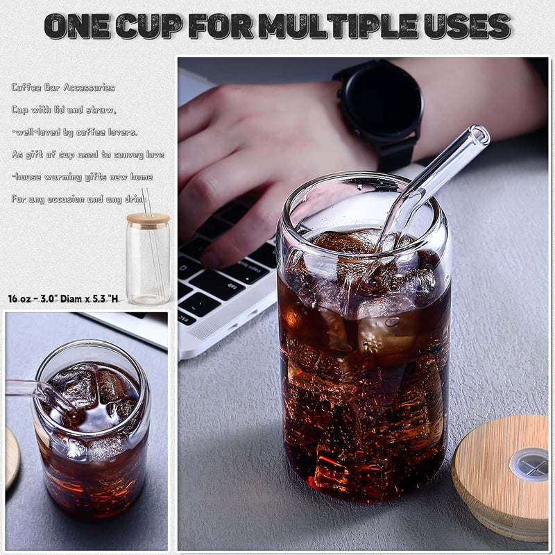 Porkus Glass Cups with Lids and Straws 4pcs,Glass Iced Coffee Cups with Lids 16oz-Drinking Glasses,Cute Cups Glass Coffee Cups with Silicone Sleeve/Stickers