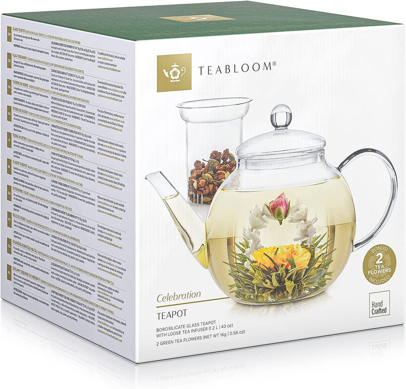 Teabloom Stovetop & Microwave Safe Teapot (40 oz) with Removable Loose Tea Glass Infuser – Includes 2 Blooming Teas – 2-in-1 Tea Kettle and Tea Maker