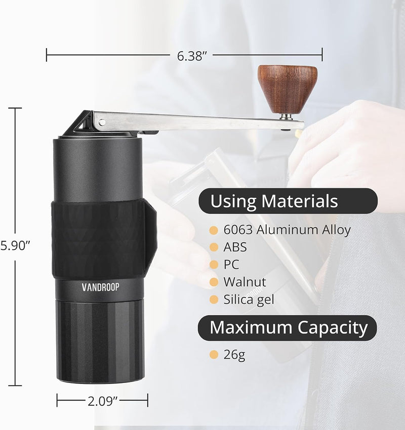 Vandroop Manual Coffee Grinder with Folding Handle, Adjustable Hand Coffee Grinder with Stainless Steel Conical Burr, Portable Burr Coffee Grinder for Travel, Camping, Kitchen, Gift