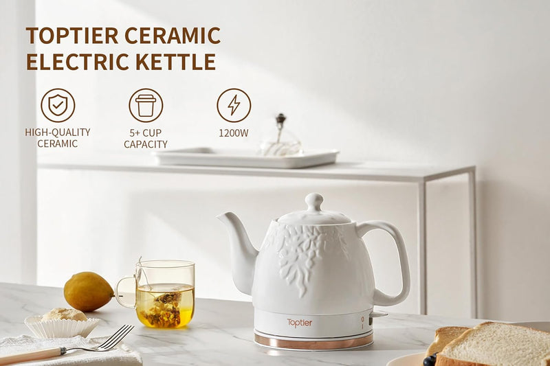 Toptier Electric Ceramic Tea Kettle, Boil Water Quickly and Easily, Detachable Swivel Base & Boil Dry Protection, Carefree Auto Shut Off, 1 L, White Leaf