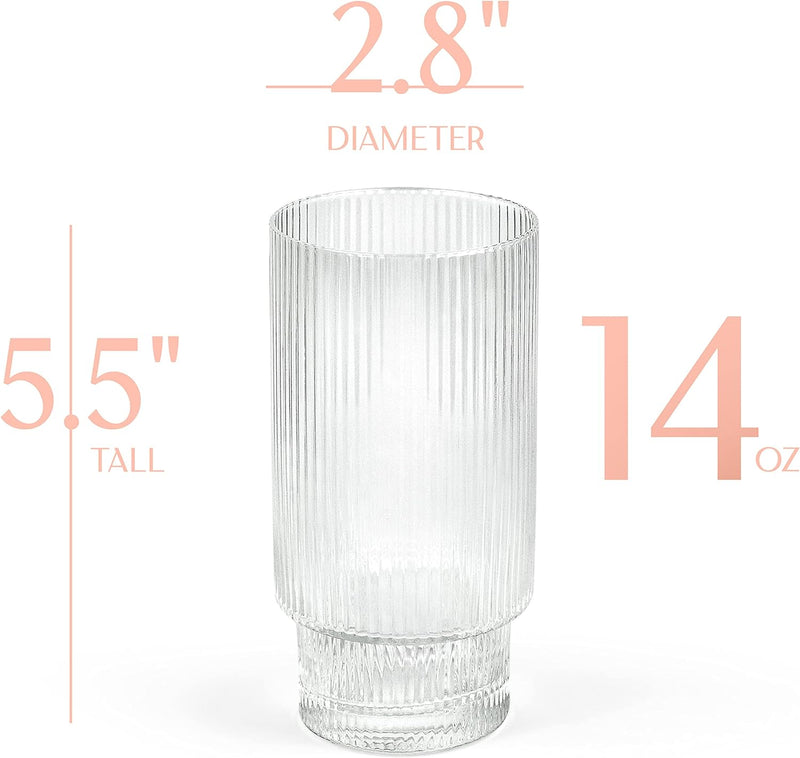 Vintage Art Deco Collins Ribbed Cocktail Glasses | Set of 4 | 14 oz Crystal Highball Glassware for Drinking Mojito, Tom Collins, Classic Hi Ball Bar Drinks | Skinny Tall Barware Tumblers