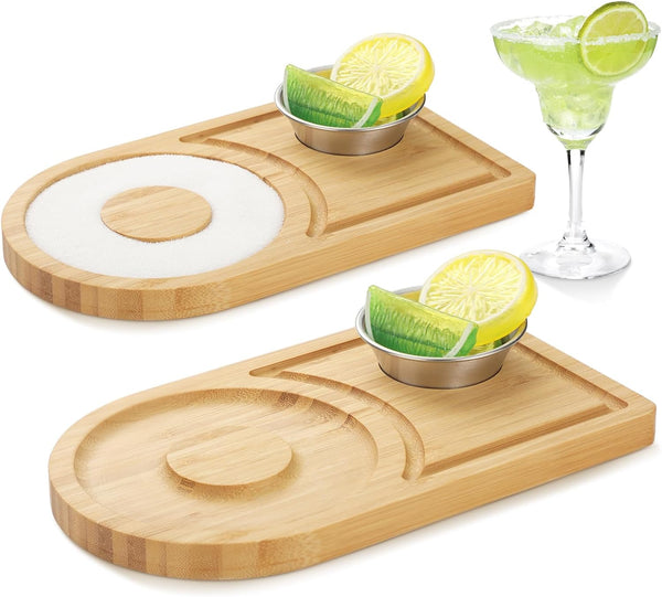Tioncy 2 Pcs Margarita Salt Rimmer Set Bamboo Wood Glass Rimmer for Cocktails with Stainless Steel Plates Margarita Salt Dish Bar Rimmer Tray Bar Salt and Sugar Rimmer for Wide Glasses up to 4.7 Inch
