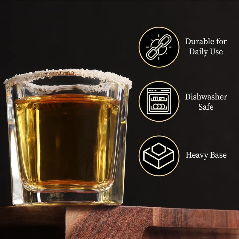 QUAFFER Square Shot Glasses Heavy Base 2oz (Set of 4) – Modern Shot Glass – Classic Whisky Vodka Tequila Sherry Brandy Cordial Mini Snifters Glasses - Perfect for Parties, Bars, Events, Home Bar