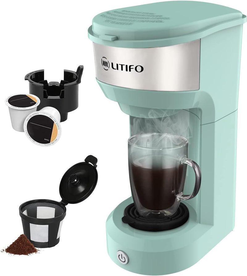 LITIFO Single Serve Coffee Maker for Ground coffee, Tea & K Cup Pod, 2-In-1 Small Coffee Machine with 6 to 14oz Reservoir, One-Button Fast Brew, Auto Shut-off & Self Cleaning Function (Black)