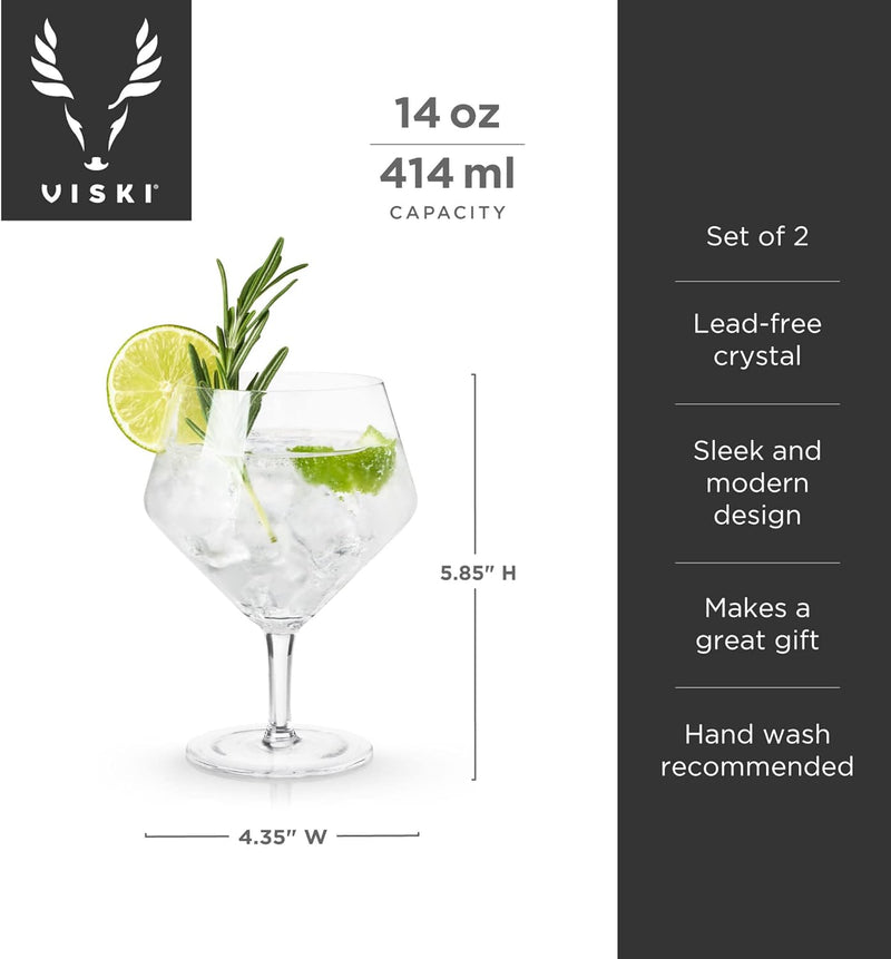 Viski Angled Stemmed Gin & Tonic Glasses, Highball glasses, Cocktail Glasses, Vodka Tonic Glasses, Gin Glasses for Gin Lovers Gift set of 2, 14oz, Clear