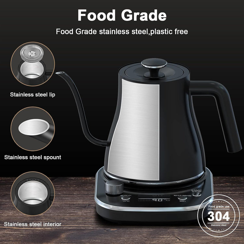 Gooseneck Electric Kettle, WiFi Smart Electric Kettle Temperature Control, Pour Over Kettle and Tea Kettle, App Control, 1200W Quick Heating, 100% Stainless Steel, 0.8L, Matte Black (Black)