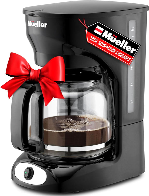 Mueller 12-Cup Drip Coffee Maker - Borosilicate Carafe, Auto-Off, Reusable Filter, Anti-Drip, Keep-Warm Function, Clear Water Level Window Coffee Machine, Ideal for Home or Office