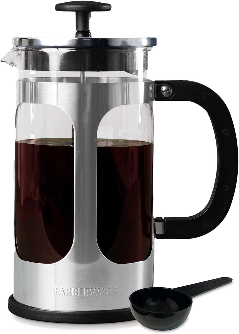 Farberware French Press Coffee Maker, Tea & Espresso Maker, Stainless Steel Cold Brew Press, Heat-Resistant Borosilicate Glass, BPA-Free, Measuring Spoon Included, 8 Cup Capacity (Stainless)