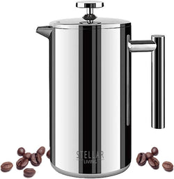 Stellar Living 34 OZ Stainless Steel French Press Coffee Maker with Double Vacuum Insulation, Maximum Flavor Coffee Brewer, Tea and Coffee Press, Camp Coffee Maker - Glossy Mirror Silver