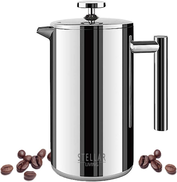 Stellar Living 34 OZ Stainless Steel French Press Coffee Maker with Double Vacuum Insulation, Maximum Flavor Coffee Brewer, Tea and Coffee Press, Camp Coffee Maker - Glossy Mirror Silver