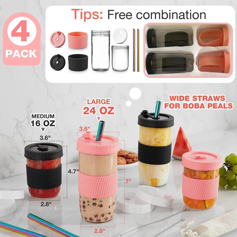 Mfacoy (4 Pack x 2 Size Reusable Boba Cup, 24oz & 16oz Bubble Tea & Smoothie Cups with Lids and Stainless Straws, Wide Mouth Mason Jar Drinking Glasses with Silicone Sleeve for Travel