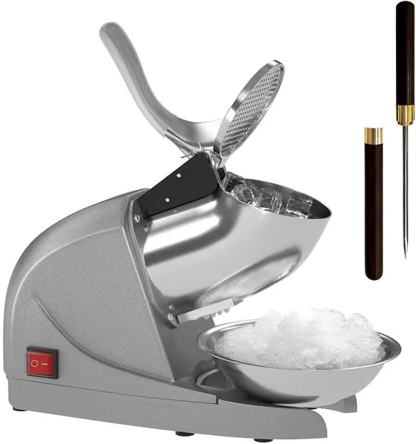 OKF Ice Shaver Prevent Splash Electric Three Blades Snow Cone Maker Stainless Steel Shaved Ice Machine 380W 286lbs/hr Home and Commercial Ice Crushers with Ice Pick (Silver)