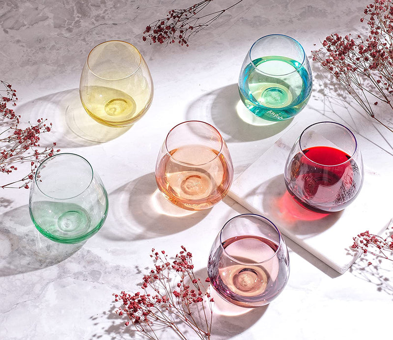 JoyJolt HUE Stemless Wine Glass Set. Large, 15 oz, Stemless, Set of 6. Short Wine Tumblers for White Wine, Red Wine, Water, No Stem Margarita Glasses, Colored