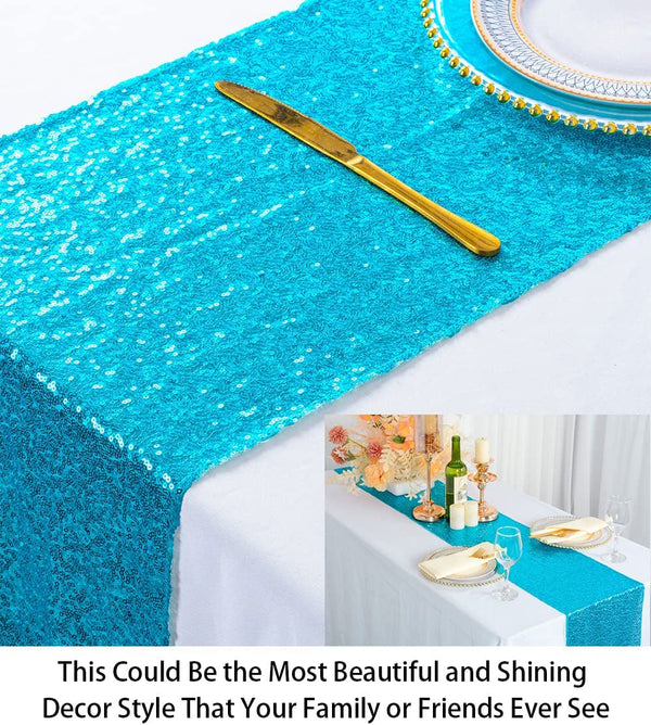 Aqua Blue Sequin Table Runner - 14 X 108 - Teal Sequin Wedding Tablecloth
