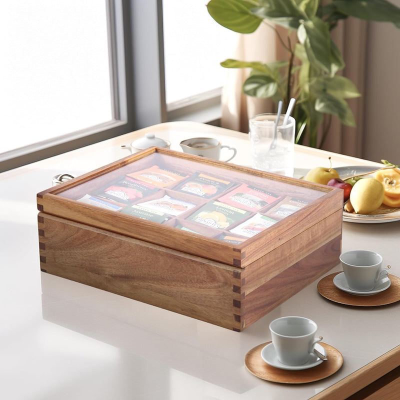 KITEISCAT Acacia Wood Tea Bag Organizer: 12-Compartment Multi-Functional Tea Box and Storage Organizer for Tea Bags