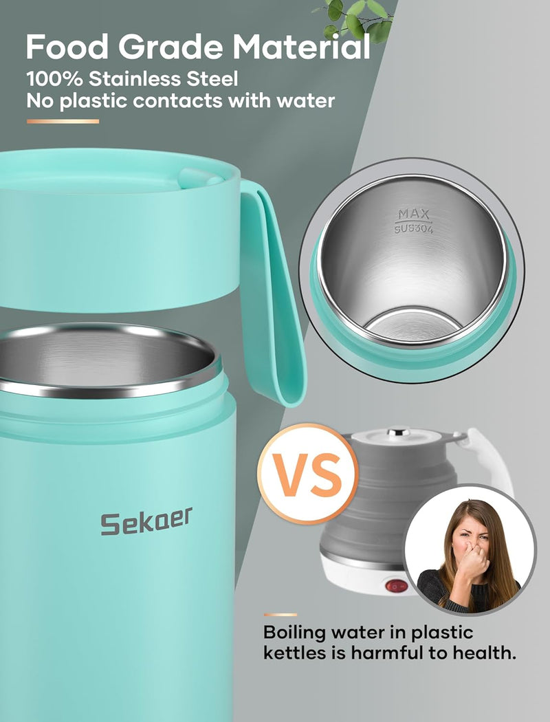 Sekaer Small Travel Portable Electric Kettle, Mini Tea Kettle Hot Water Boiler, 0.5L & 500Watts, with 4 Variable Presets and 304 Stainless Steel, SKE-850T