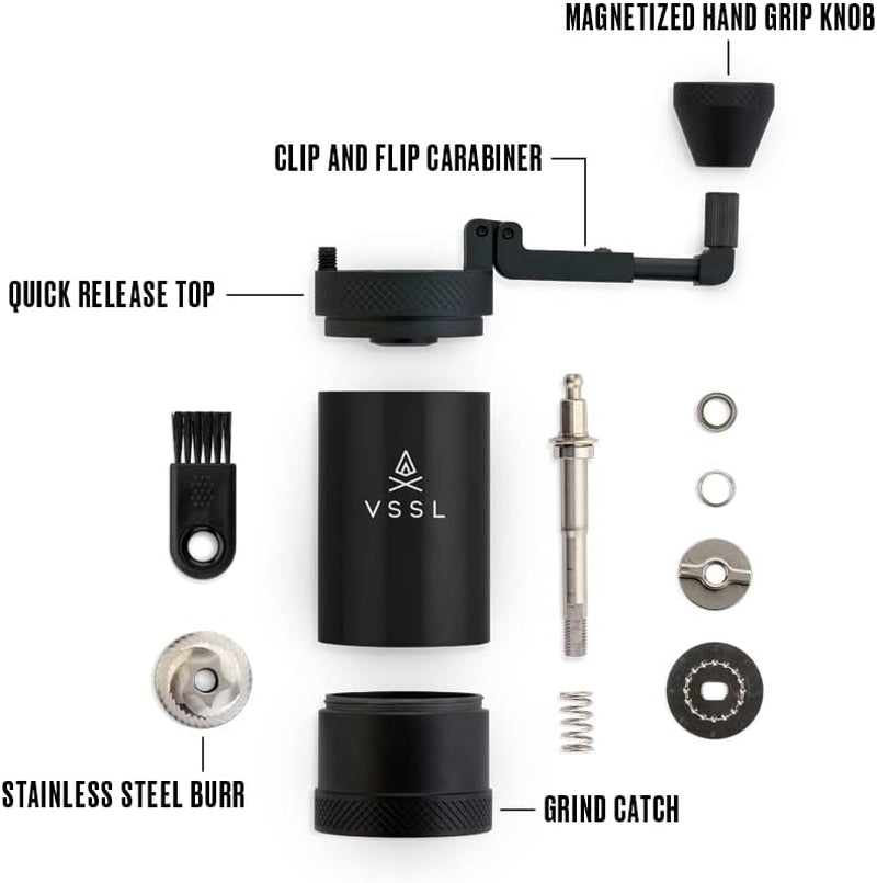 VSSL Java Coffee Grinder, Manual Coffee Grinder with Stainless Steel Conical Burr for Camping and Travel, Fine to Course Grinding for AeroPress, Drip Coffee, French Press and Pour Over Coffee, Black