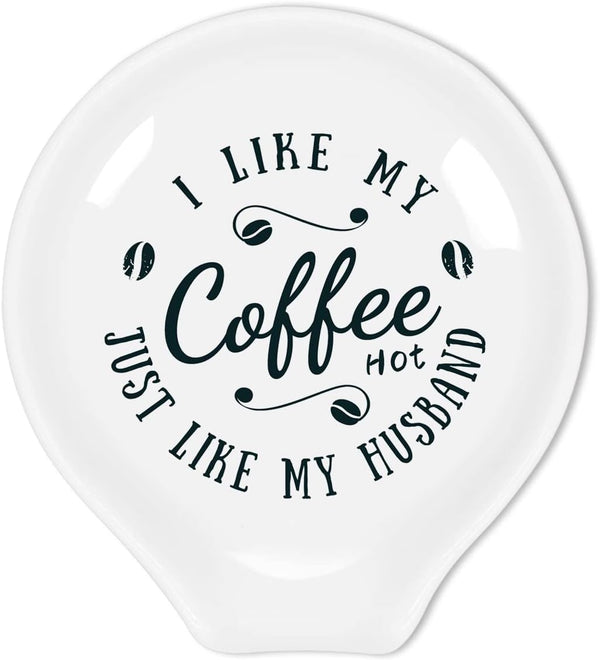 Uhealik Funny Coffee Quote Ceramic Coffee Spoon Holder-Coffee Spoon Rest -Coffee Station Decor Coffee Bar Accessories-Coffee Lovers Gift for Women and Men (I Like My Coffee Hot Just Like My Husband)