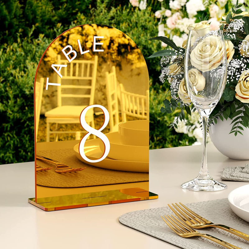 Gold Mirrior Acrylic Table Numbers, 15Pcs Arched Wedding Table Numbers Stand for Any Party Occasion,Valentine'S Day Party,Luxury Decoration,5"X7"Modern Acrylic Table Sign Holder Number1-15