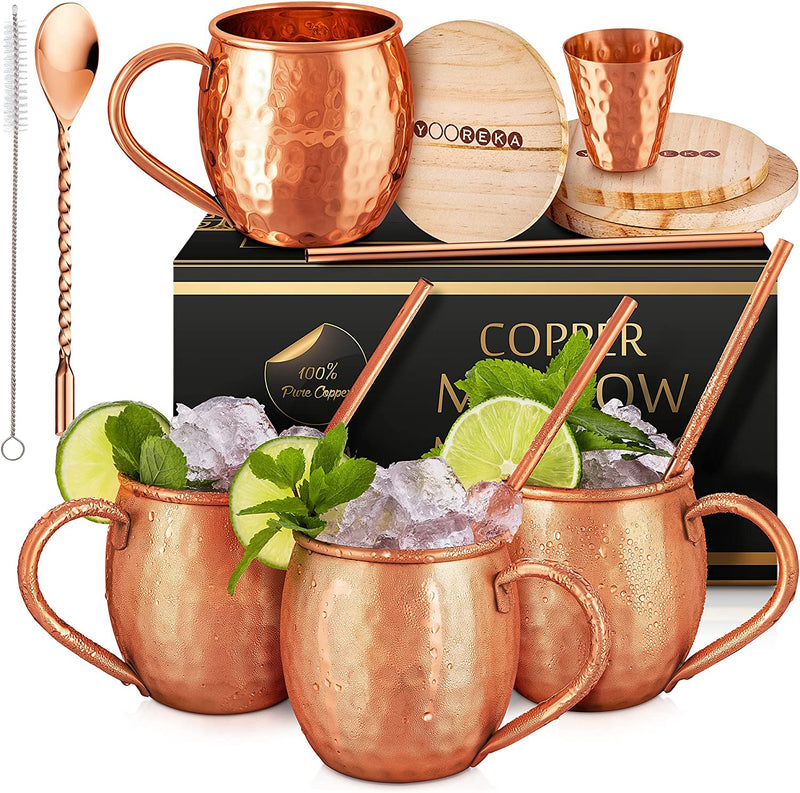 Yooreka Gift Set Moscow Mule Mugs Set Of 4 16 oz Solid Cooper, 100% Pure Copper Cups Cylindrical Shape HANDCRAFTED,BONUS 4 Straws, 4 Wood Coasters, Stirring Spoon, And Shot Glass (Square)