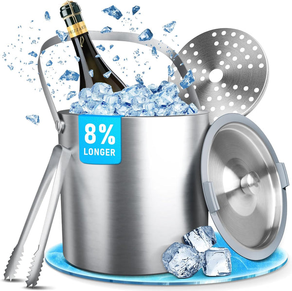 3 Liter Ice Bucket with Silicone Lid, Ice Tongs and Strainer, Newly Upgraded Silicone Cover Keep Ice Frozen Longer - Ideal for Parties, Cocktail Bar, Chilling Wine, Champagne