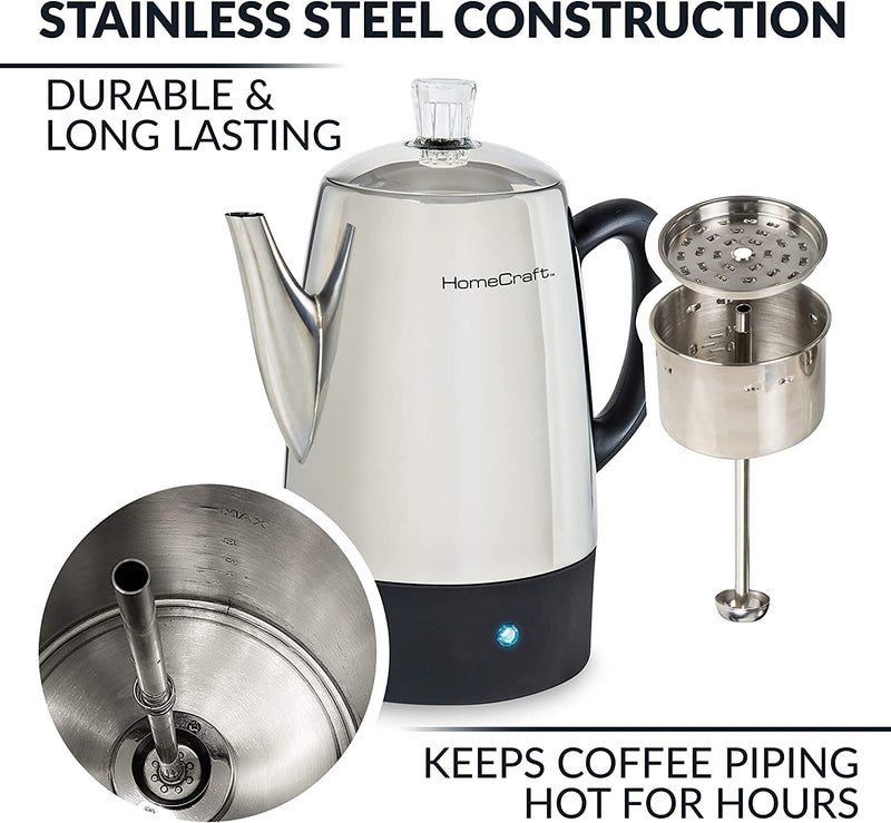 Homecraft HCPC10SS 10-Cup Stainless Steel Coffee Maker Percolator, Easy-Pour Spout, LED Indicator Light, Keep Warm Function