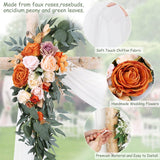 Wedding Arch Flowers (Pack of 3) 2PCS Burnt Orange Artificial Flowers with 1PC White Chiffon Fabric Floral Swags for Arch Drapes Autumn Fall Decorations