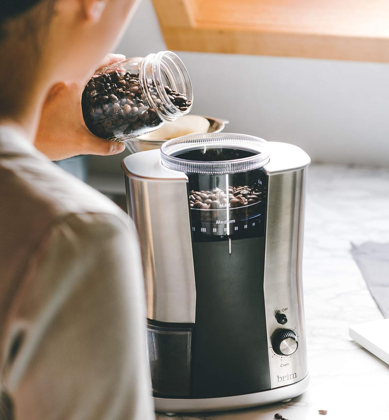 BRIM Conical Burr Coffee Grinder, Uniformly Grinds Beans for 1-17 Cups of Coffee, Features Removable Bean Container, 17 Precise Grind Size Settings, and Convenient Auto Shut Off, Stainless Steel/Black