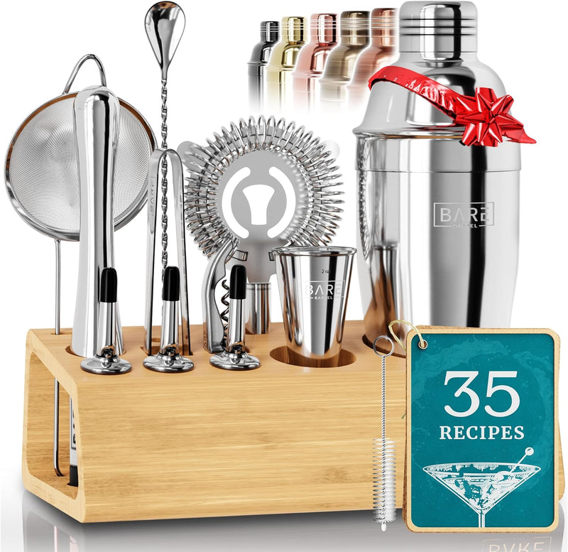 Pro Mixology Bartender Set Bar Kit | 14-Piece Boston Cocktail Shaker Set | Professional Barware Mixing Tools for Home Bartending | Bamboo Stand Recipe Cards | Gift Set for Him & Her (Silver Black)