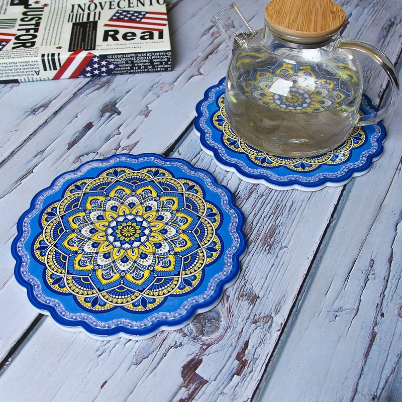 Arly Wipeable Hardboard Blue Trivets Mat for Heat Pot, Decor Cork Backed Insulation Pads with Mandala Style,Round 7.7 Inch Set of 2