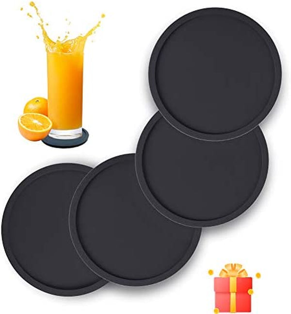 Silicone Drink Coasters Set of 4, Non-Slip Cup Coasters, Heat Resistant Cup Mate, Soft Coaster for Tabletope Protection, Furniture from Damage (Black)