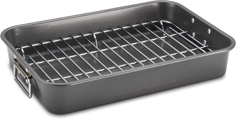 Farberware Bakeware Nonstick Steel Roaster with Flat Rack, 11-Inch x 15-Inch, Gray