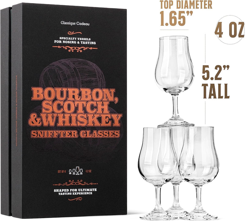 Whiskey, Scotch, Bourbon Tasting Glasses | Set of 4 Crystal Snifters | Professional 4 oz Tulip Shaped Nosing Copitas with Short Stem | Small Stemmed Gift Sniffers for Sipping Neat Liquor