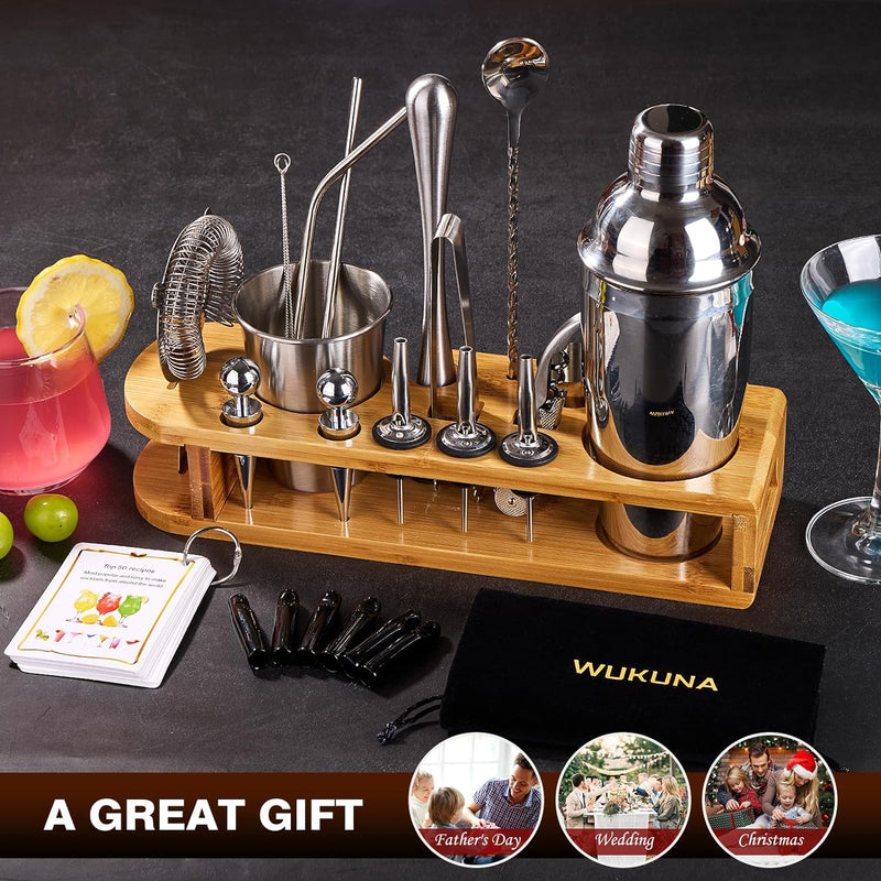 Cocktail Shaker Set Bartender Kit 26-Piece Stainless Steel Bar Tool Set with Bamboo Stand,Home Cocktail Tool with All Bar Accessories (Silver)