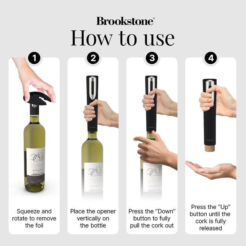 Brookstone Electric Wine Opener & Foil Cutter with Stand, Automatic Wine Bottle Opener, Battery Operated Corkscrew Opener, Kitchen, Wine Gifts for Men