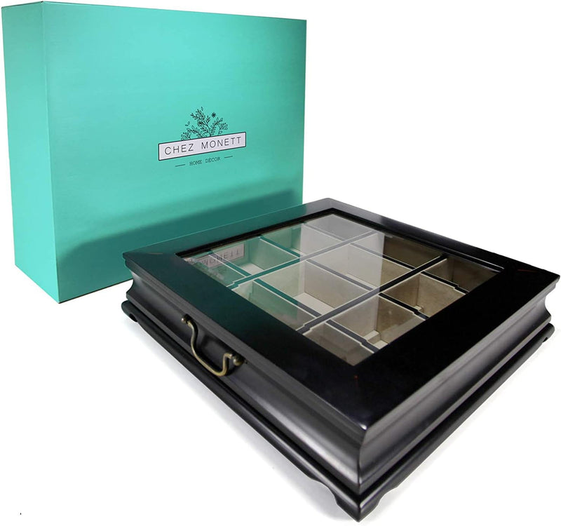 Chez Monett Tea Chest 12 Compartments Tea Bag Large Storage Box with Beveled Glass Lid