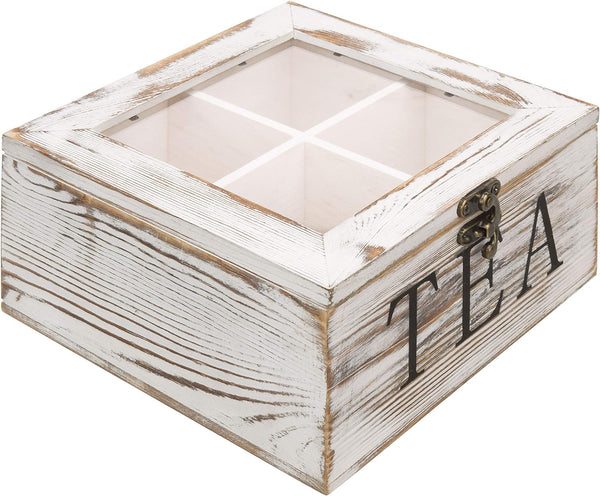 MyGift Shabby Whitewashed Solid Wood Tea Box Organizer with 4 Compartments, Teabag Storage Chest with Clear Acrylic Lid and Latch