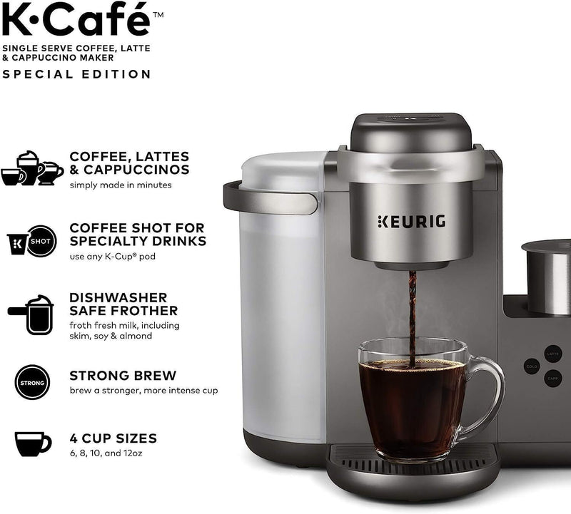 Keurig K-Cafe Special Edition Coffee Maker with Latte and Cappuccino Functionality - Convenient Brewing - (Nickel) Bundle with Donut Shop Medium Roast Coffee Pods and Cleaning Cups (3 Items)
