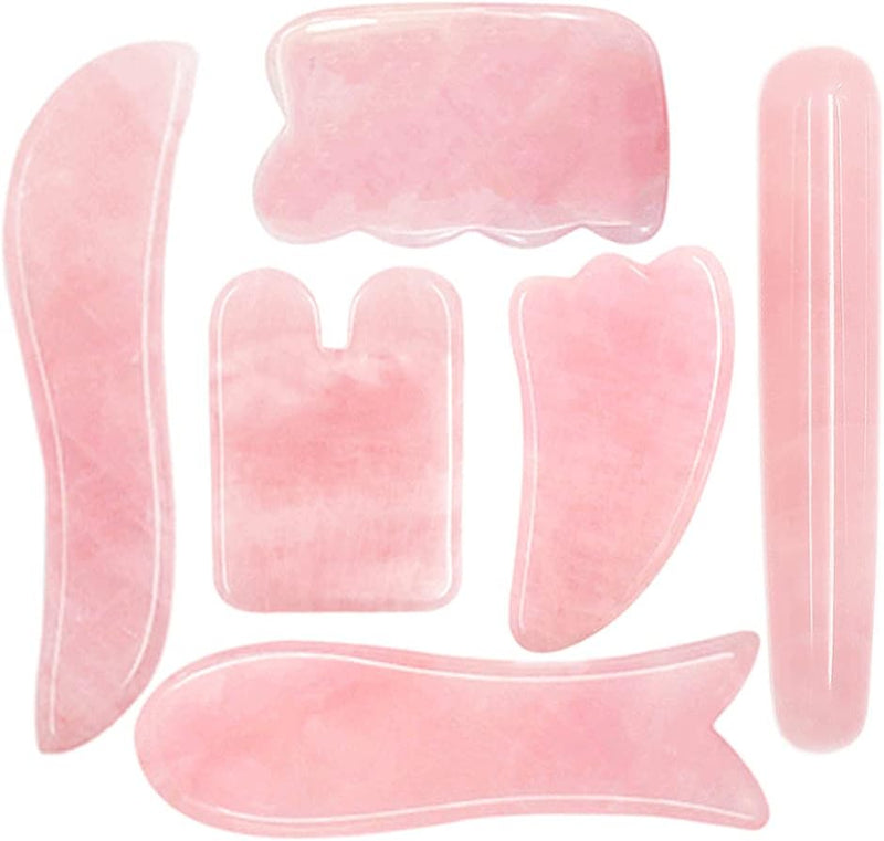 Domika Multi-Shape Handmade Rose Quartz Gua Sha GuaSha Scraping Massage Tool Stone,Massage Stick,Set of 6 (Rose Quartz)