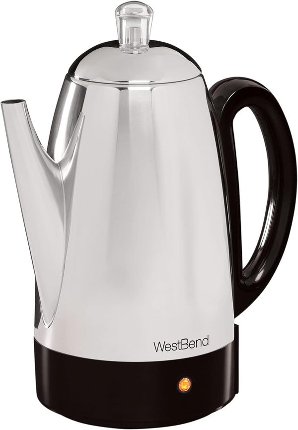 West Bend 54159 Classic Stainless Steel Electric Coffee Percolator with Heat Resistant Handle and Base Features Detachable Cord, 12-cup, Silver