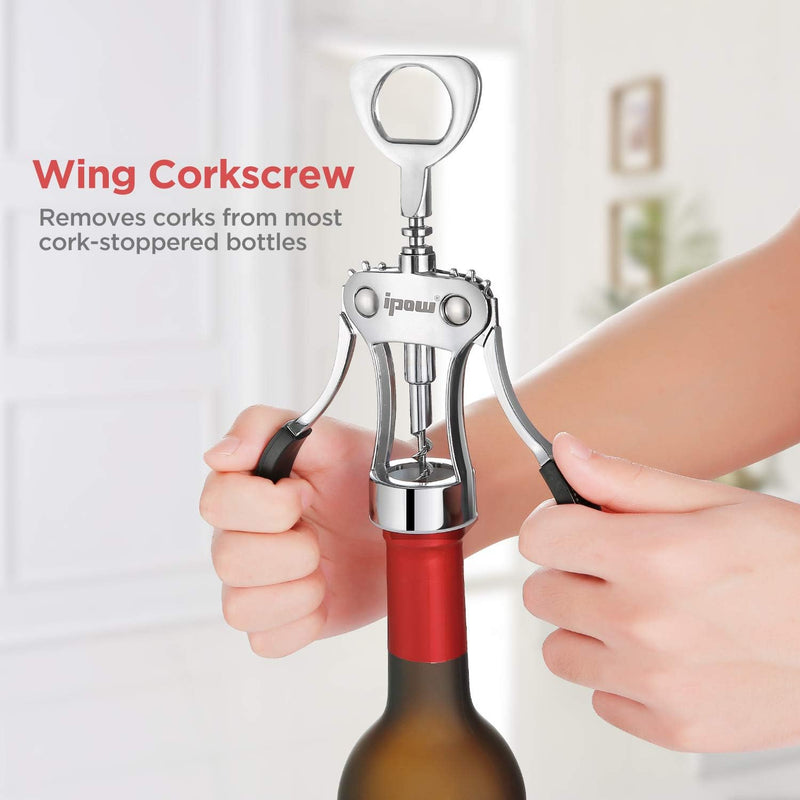 IPOW Wine Opener, Zinc Alloy Wine Bottle Opener, Wing Corkscrew Heavy Duty, Manual Multifunctional Cork Screw for Waiter, Silver