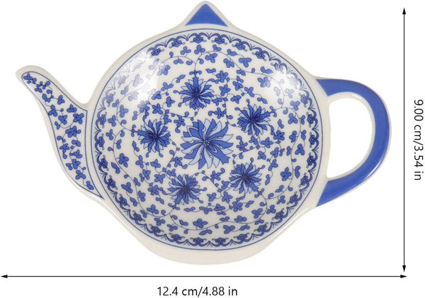 HEMOTON 4 Pcs Ceramic Tea Bag Holders Teapot Shaped Teabag Coaster Trays Tea Bag Saucers Seasoning Dish for Home Kitchen Blue