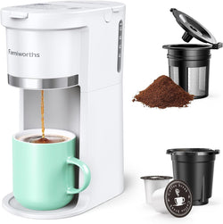 Famiworths Mini Coffee Maker Single Serve, Instant Coffee Maker One Cup for K Cup & Ground Coffee, 6 to 12 Oz Brew Sizes, Capsule Coffee Machine with Water Window and Descaling Reminder, White