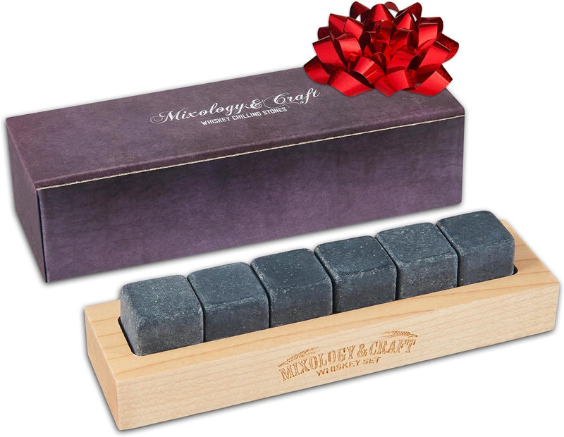 Mixology & Craft Whiskey Stones - Cube-Shaped Granite Chilling Whiskey Rocks Set of 6, Whiskey Gifts for Men and Christmas Stocking Stuffers - Dark Granite