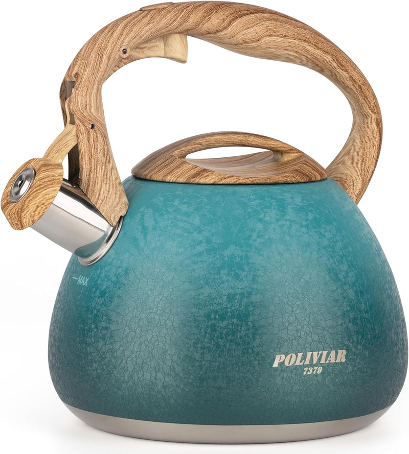 POLIVIAR Tea Kettle, 2.7 Quart Natural Stone Finish with Wood Pattern Handle Loud Whistle Food Grade Stainless Steel Teapot, Anti-Hot Handle and Anti-Rust, Suitable for All Heat Sources (JX2018-GR20)