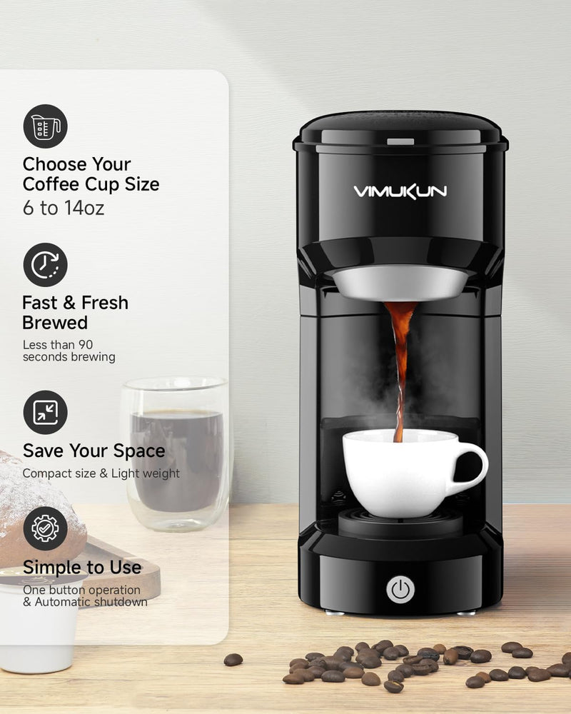 Vimukun Single Serve Coffee Maker, Instant Coffee Maker One Cup Compatible with K-Cup Pods & Ground Coffee, Single Cup Coffee Machine with 6 to 14oz Reservoir, Auto Shut-off, Small Size(Black)