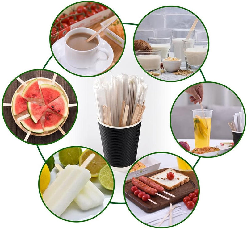 MFJUNS 200pcs Individually Wrapped Coffee Stirrers Wood - 5.5" Coffee Stir Sticks, Round End Disposable coffee stirrer, For Coffee, Cocktail and Hot Drinks